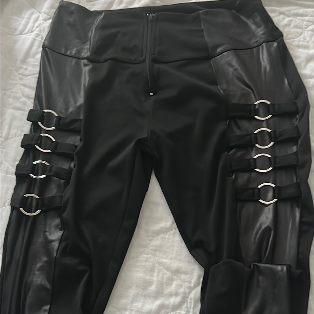 Chic Black Faux Leather Pants with Ring Accents